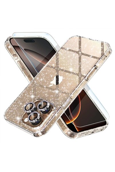 EDELFU İPhone 16 Pro Simli Sararmaz Kılıf, Kalın Ekran Koruyucu ve Simli Kame...