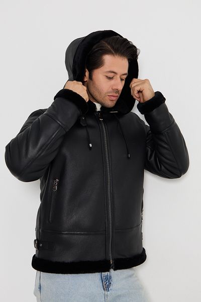 By Marki Marki Genuine Leather Black Pilot Coat with Hood and Detachable - 501122