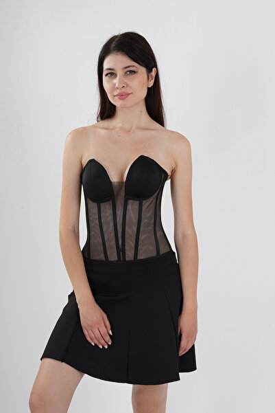 Metay Design Tül Transparan Korse Büstiyer Kedi Kulağı Model - Siyah