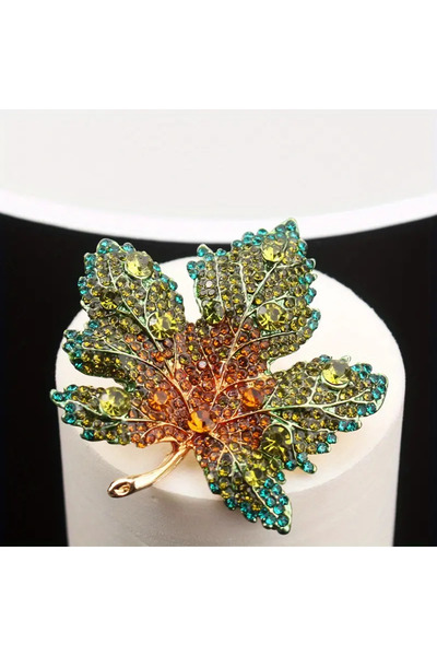 betbay Taşlı Yeşil Yaprak Broş/Yaka İğnesi-Hediyelik karton kutusuyla