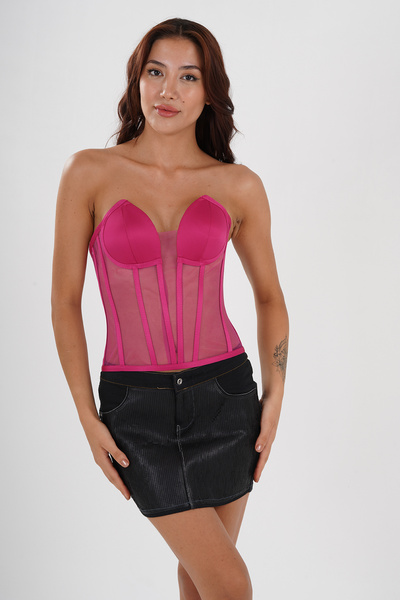 Metay Design Tül Transparan Korse Büstiyer Kedi Kulağı Model- Fuşya