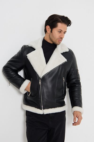 By Marki Marki Genuine Leather Black Coat - White Shearling, Zipper, Durable - 501622