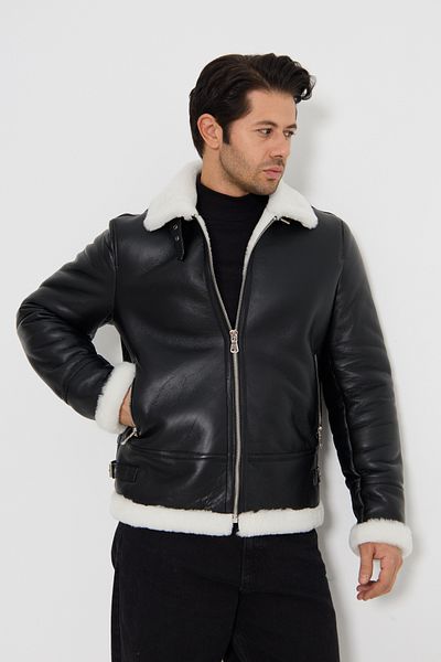 By Marki Marki Pilot Genuine Leather Coat - Black and White Fur, Zipper Closure - 501822