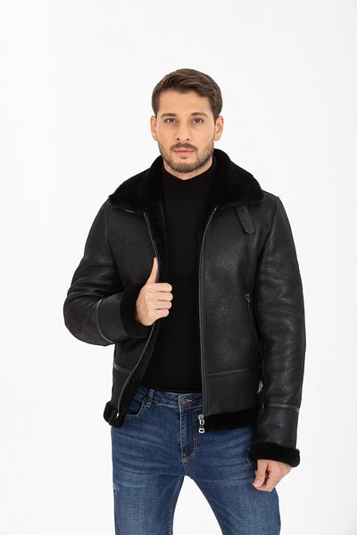 By Marki Marki Men's Krek Leather Coat - Genuine Sheepskin Inside, Zipper Closure, Black - 500622