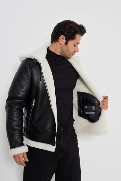 By Marki Marki Men's Black Pilot Coat - Genuine Leather, White Genuine Shearling, Hood, Detachable with Zipper - 501722