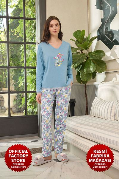 Aydoğan Set pijamale albastre pentru femei Atlas cu decolteu în V cu mânecă lungă B10-1 - 240622   - Aydogan ®