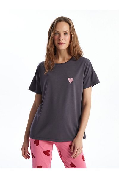 LC Waikiki Lcw Dream Anthracite Crew Neck Printed Women's Sleepwear Top