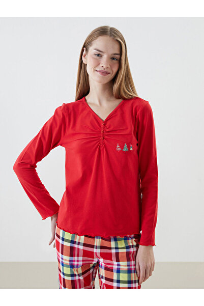 LC Waikiki Red V-Neck Christmas Themed Women's Pajama Set