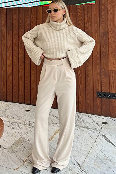 KaSheHa Taş Yüksek Bel Kemeri Cırt Kapamalı Pileli Bol Paça Pantolon 102 Cm