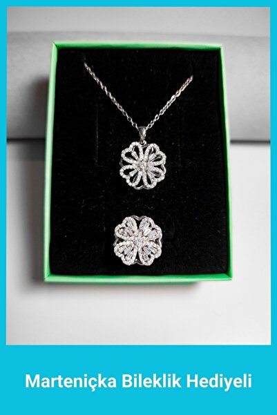 SeyCey.co Dönen Yonca Kolye Zirkon Taşlı Yüzük Set Gümüş | Yeni Yıl Hediyesi | Yılbaşı Hediyesi Kadın