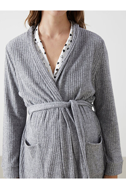 LC Waikiki Gray Double-Breasted Collar Velvet Women's Dressing Gown