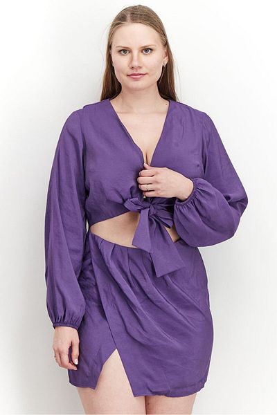 NA-KD Women V-neck Long Sleeve Plain Mini Dress, Purple