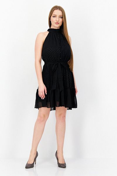 Taylor Women Lace-trim Belted Halter Mini Dress, Black