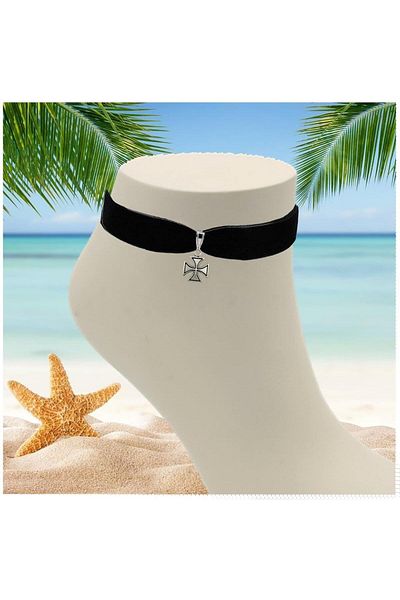 Bijustore Black Velvet Cross Object Women's Anklet