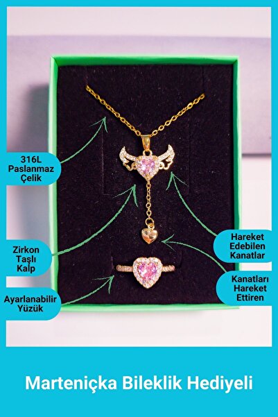 Angel Wing Necklace Zircon Gemstone Ring Set | Mother's Day Gift | Women