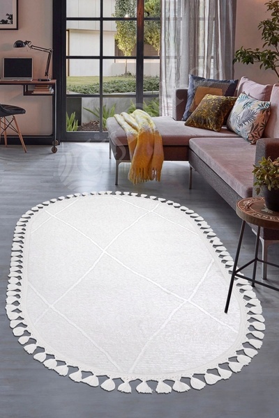 Dijidekor Halı Beyaz Cool Bohem Desenlidesenli Yıkanabilir Saçaklı Oval Yolluk Salon Halısı