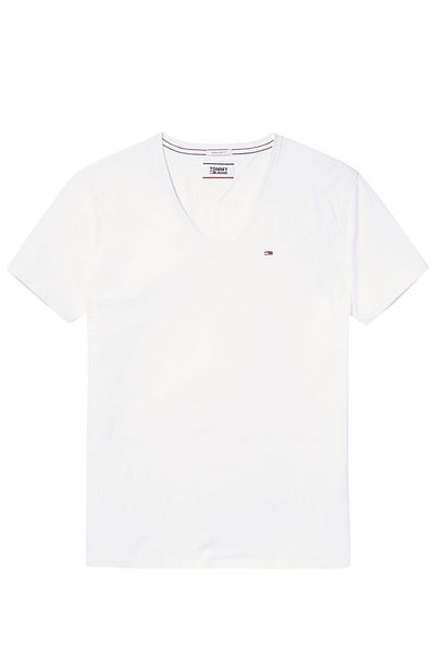 Tommy Jeans Λευκό ανδρικό μπλουζάκι με λαιμόκοψη σε V - Λογότυπο μάρκας κασμίρ και οργανικό βαμβάκι
