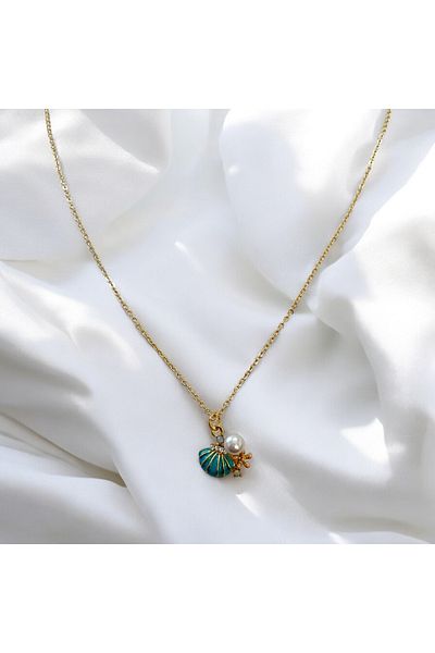 SAYILI COLLECTION Blue Oyster Gold Women's Necklace with Pearl and Flower Detail