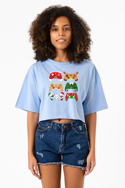 Tshirthane Video Game Controller Christmas Baby Blue Women's Crop T-Shirt