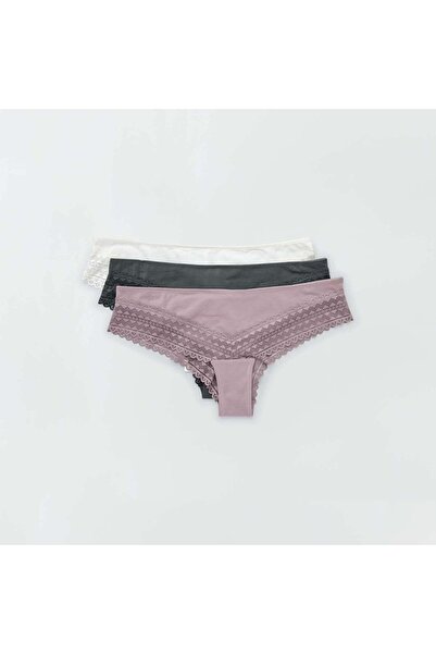 KIABI مجموعة من 3 سراويل داخلية تانجا من القطن والدانتيل باللون الرمادي والوردي