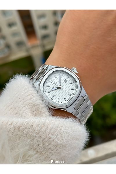 FERRO Brand Gray Color Steel Band with Cornered Case Women's Wrist Watch+Bracelet