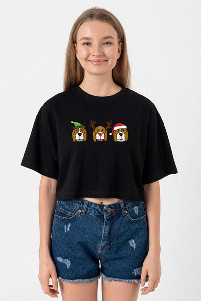 Tshirthane 3 Wise Beagles Christmas Black Women's Crop T-Shirt