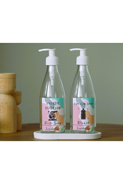 JUIWI 3lü Set Renkli Suya Dayanıklı Boş Cam Şişe Bulaşık Deterjanlık Çamaşır Suyu 2x330ml Altlık