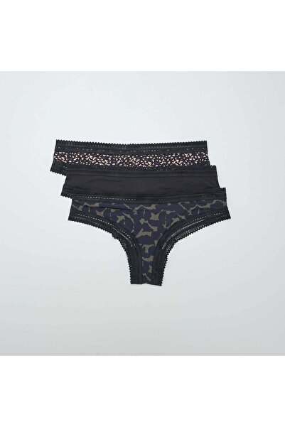 KIABI Pack of 3 printed microfibre tanga briefs BLACK