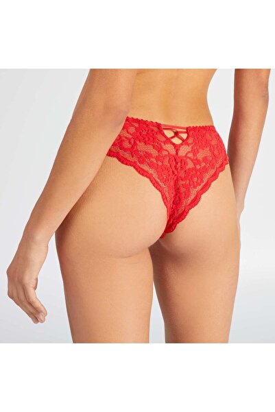 KIABI سراويل تانجا دانتيل مخملية ناعمة باللون الأحمر الحقيقي