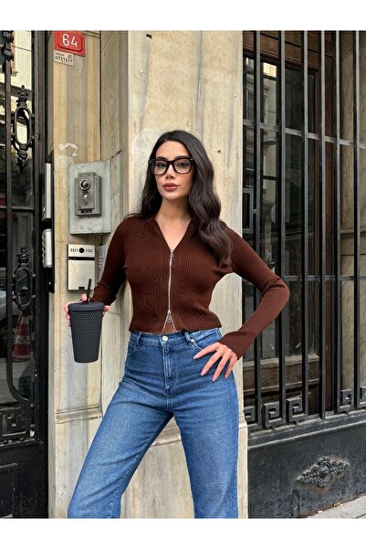 ANBLYs COLLECTION V YAKA FERMUARLI Uzun Kollu TRİKO HIRKA