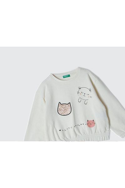 United Colors of Benetton Суитшърт с еластичен ребрест цвят и кръгло деколте за момиче в екрю цвят