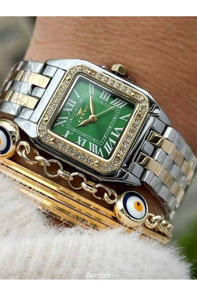 FERRO Brand Yellow Silver Color Steel Band,Green Dial,Square Case Women's Wristwatch+Bracelet