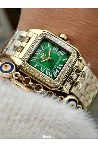 FERRO Brand Yellow Silver Color Steel Band,Green Dial,Square Case Women's Wristwatch+Bracelet