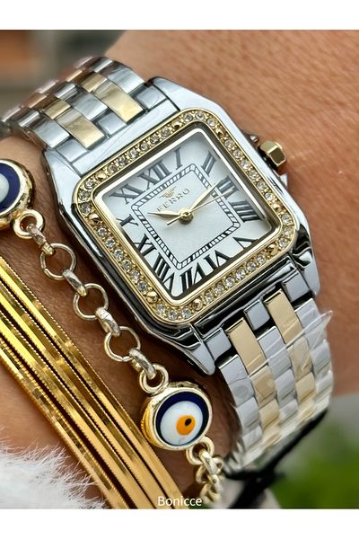 FERRO Brand Yellow Silver Color Steel Band,Green Dial,Square Case Women's Wristwatch+Bracelet
