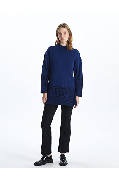 LC Waikiki Blue Mock Neck Patterned Long Sleeve Women's Knitwear Tunic