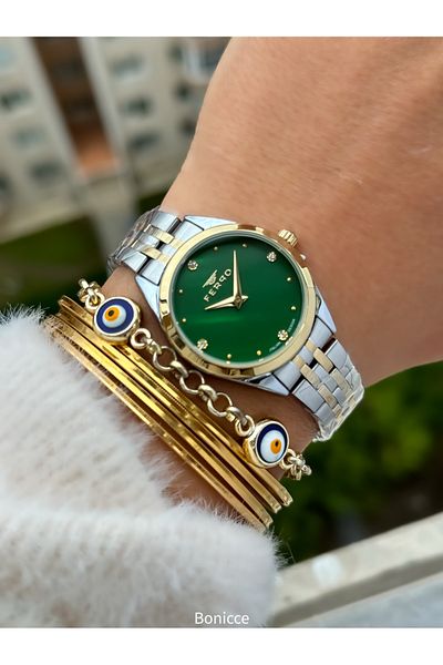 FERRO Green Dial Women's Wrist Watch with Yellow Silver Color Steel Band and Bracelet with Gift