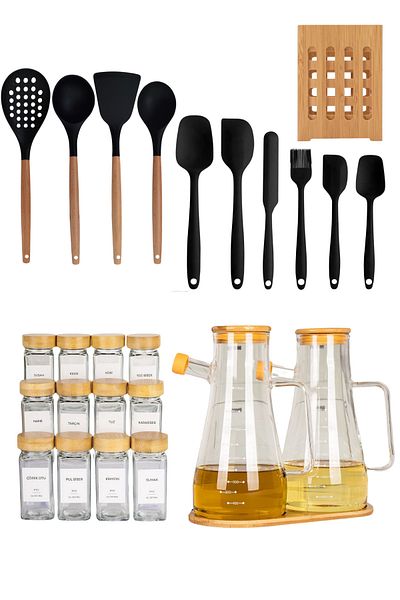 Mirilliahome Kitchen Set - Silicone Kitchenware, Spice Rack and Oil Bowl