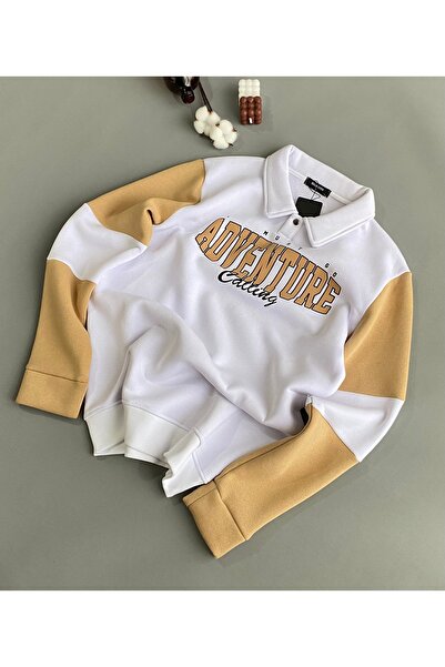 Retro YAKALI PARÇALI BASKILI 3 İPLİK ŞARDONLU KUMAŞ SWEATSHİRT