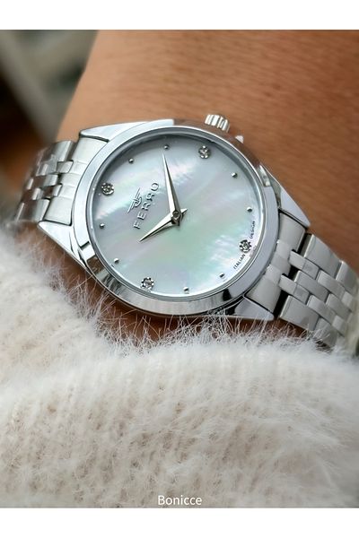 FERRO White Dial Women's Wrist Watch with Silver Color Steel Band and Bracelet Gift