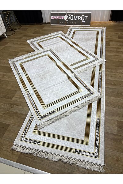 Zümrüt Ev Tekstil Dijital Baskılı Makinede Yıkanabilir Dot Taban Yatak Odası Seti Talia Krem