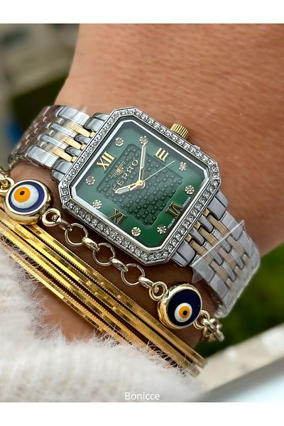 FERRO Brand Yellow Silver Color Steel Band,Green Dial,Square Case Women's Wristwatch+Bracelet