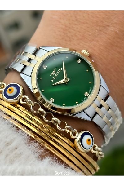FERRO Green Dial Women's Wrist Watch with Yellow Silver Color Steel Band and Bracelet with Gift