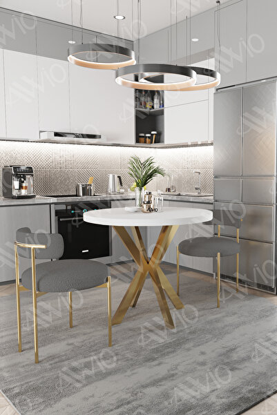 AVVİO Lena Serisi Teddy Sandalye 90X90 Yuvarlak Yemek Masası Gri Sandalyeli 2 Kişilik Masa Sandalye Takımı