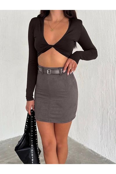 winmoda Suede Skirt with Belt - Simple Design Model