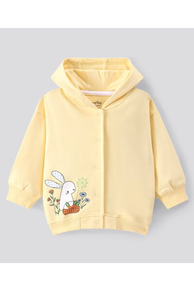 Bonfino Girls 100% Cotton French Terry Full Sleeve Bomber Jacket With Hood & Placement Print -Yellow