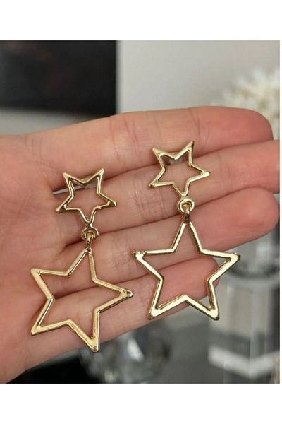 mos&more Gold Double Star Themed Dangle Women's Earrings