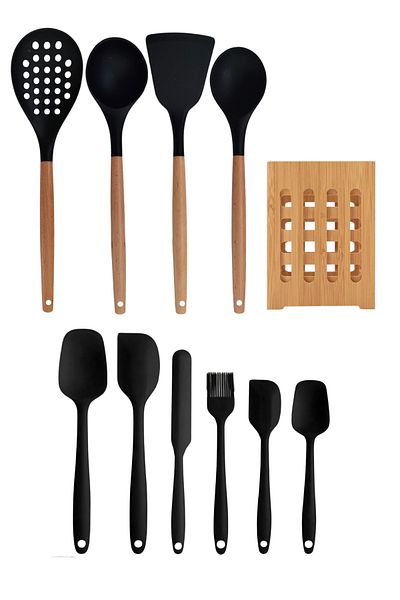 Mirilliahome 11 Pieces Silicone Kitchen Utensils Set - Silicone Serving Utensils with Bamboo Handle