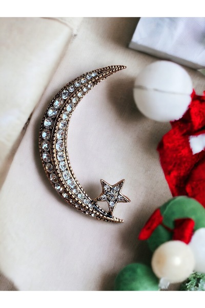 FAYRA ACCESSORIES Zirkon Taşlı Ay Yıldız Broş