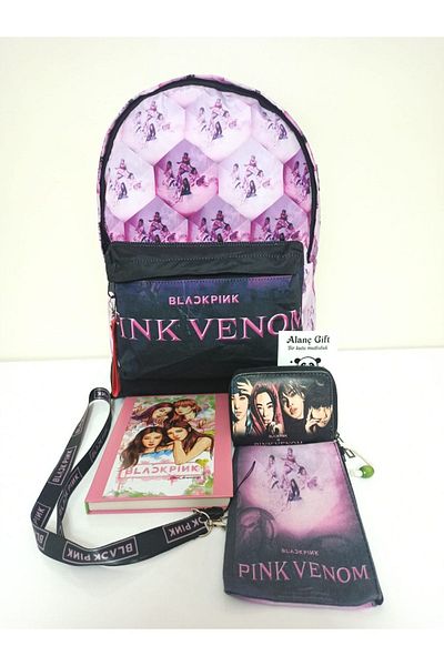Alanç Gift Custom Design for School - Black Pink Printed Backpack, Notebook, Pen Holder and Wallet Set