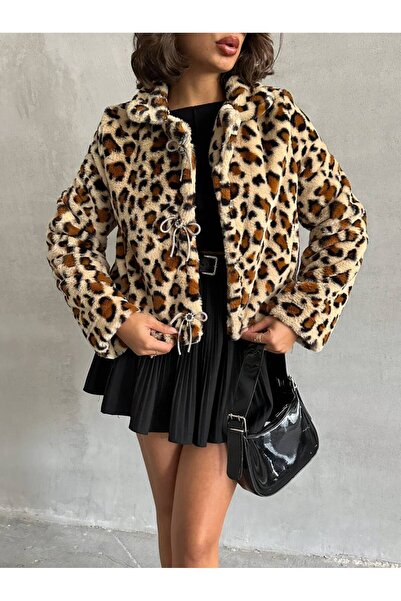 Arestill Parlak Taş fiyonklu, Leopar peluş Mont